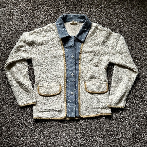 Mystree Cream Knit Jacket with Denim Floral Trim Size S Boutique - Picture 6 of 8
